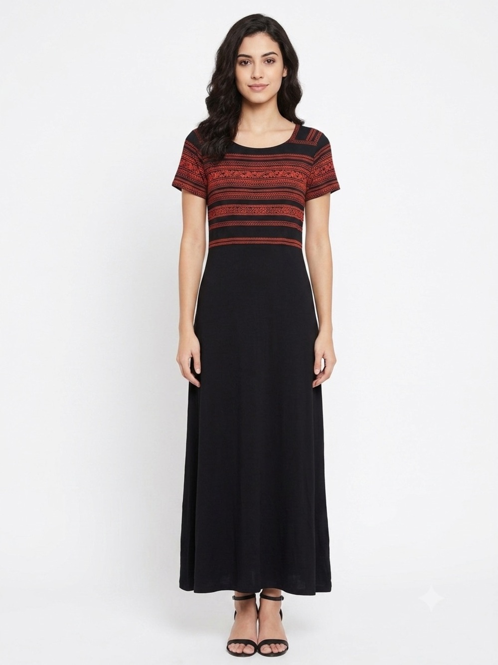 Sarah Elizabeth Black Maxi Dress with Red Patterned Bodice